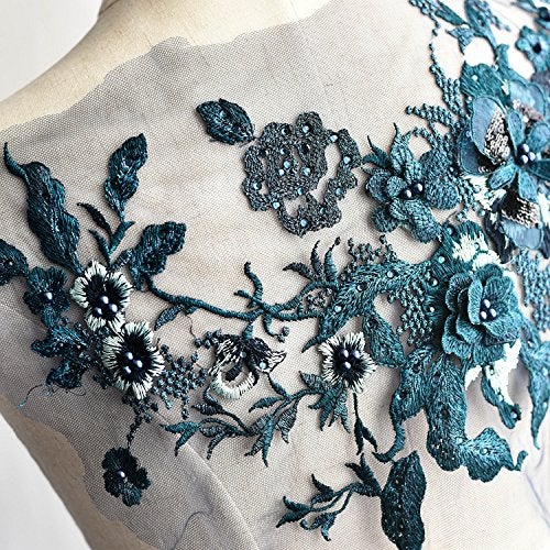 FEEPOP 3D Embroidered Patches Nail Bead Tulle Applique Flower Patch for Clothing Wedding Dress Lace C Fabric DIY Decoration (Blue) - Image 2